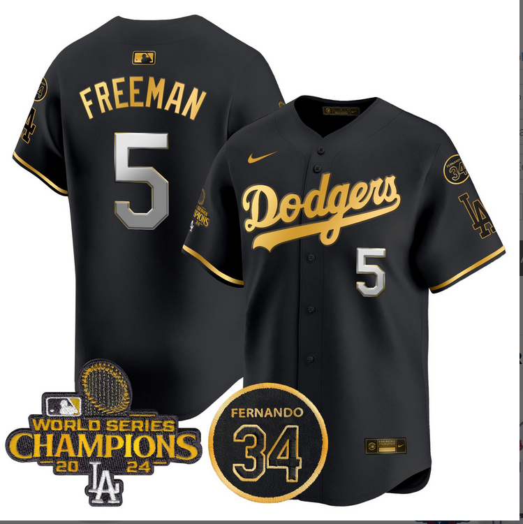 Men MLB Los Angeles Dodgers 5 Freeman black 2024 World Series Champions Patch Limited Jersey